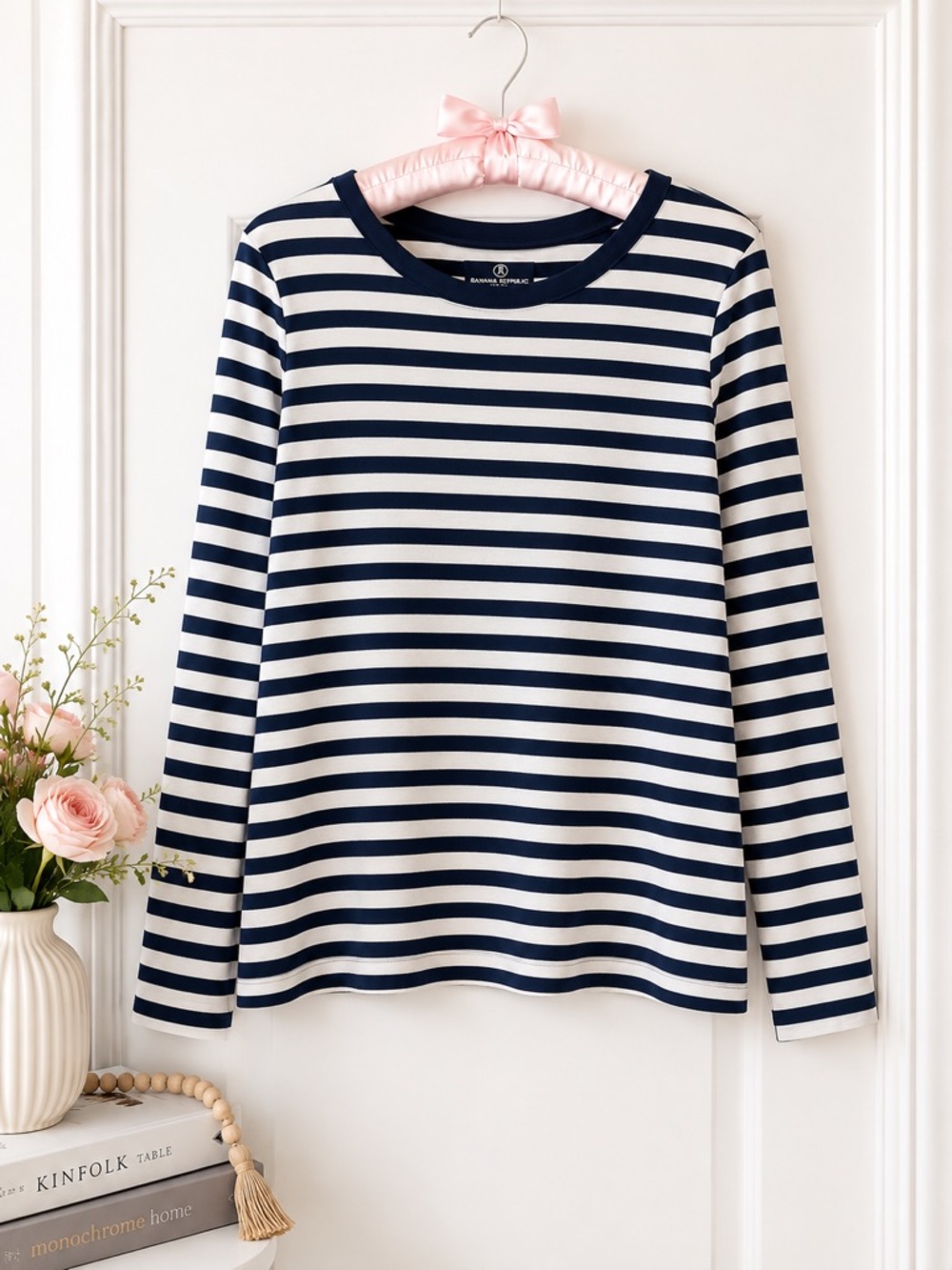Lands’ End Shaped 100% Cotton Navy White Striped Long Sleeve Tee Size